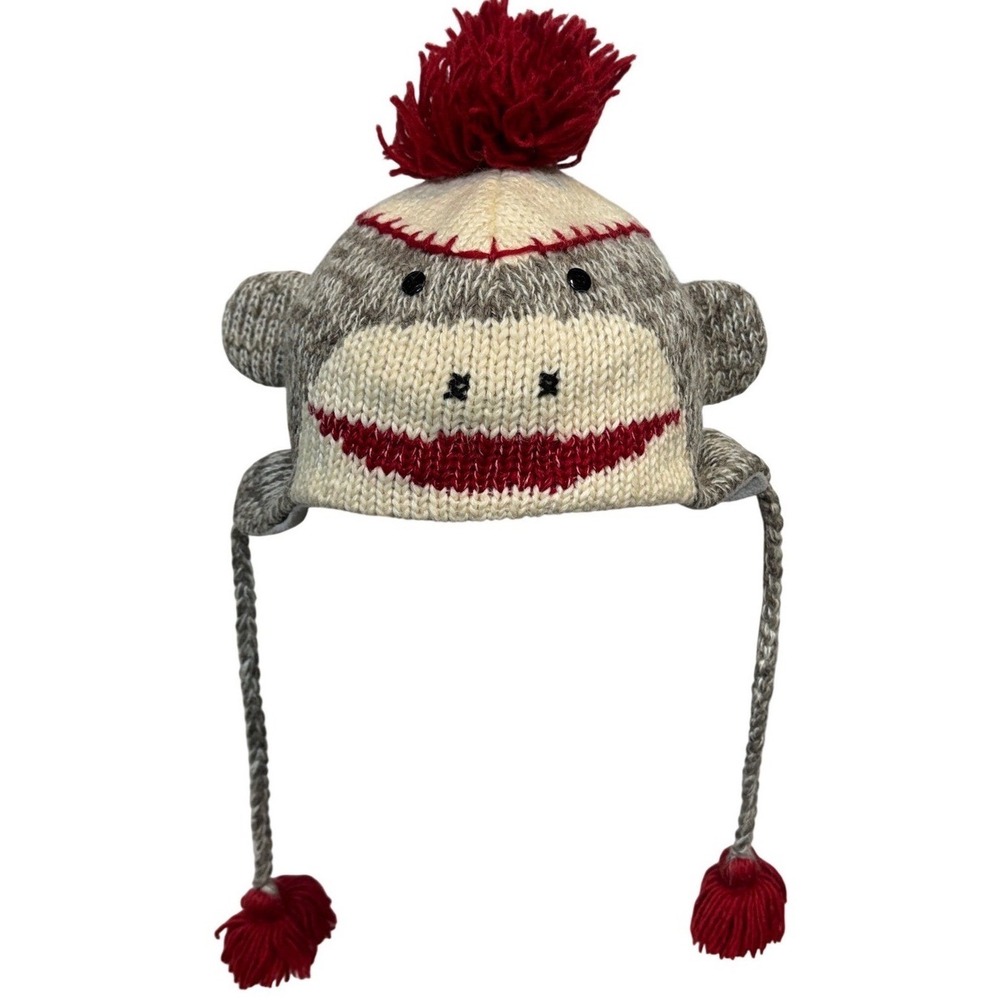DeLux Sock Monkey Beanie Cap Knit Wool Blend Fleece Lined Pom Pom Earflap Hat